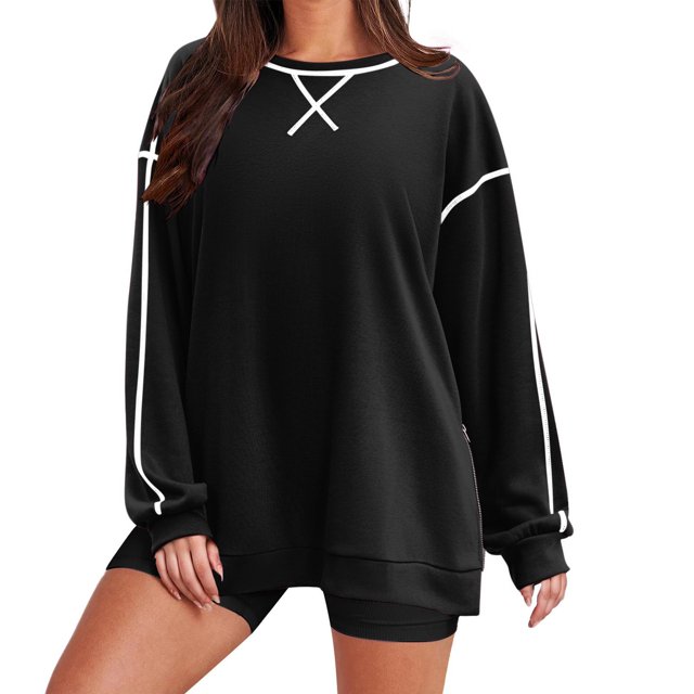 Swstbby Soldes d'Automne! Hauts d'Automne pour Femmes Grande Taille, Chandails en Molleton Surdimensionnés à Manches Longues Col Rond Chandail Vêtements d'Automne Noir S