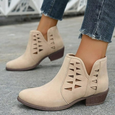 XDDST Woman Shoes Casual Medium Heel Fashion Women Low Ankle Trim Round Toe Ankle Leather Boots Casual and Ladies Shoes Leisure
