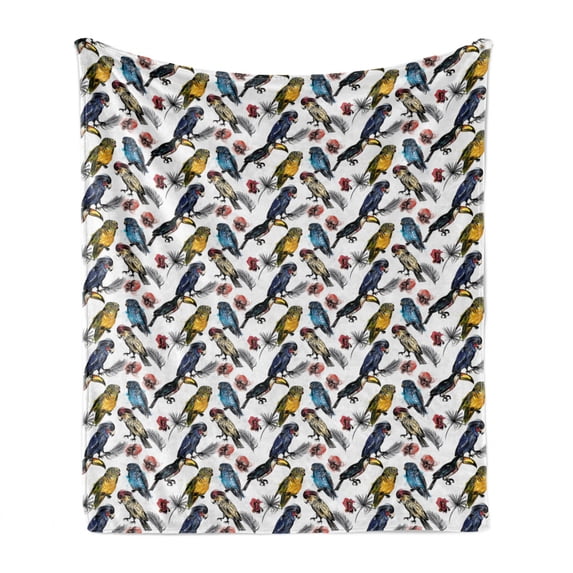 Bird Soft Flannel Fleece Throw Blanket, Sketchy Painted Like Artwork of Repetitive Tropical Parrot Watercolor Splash Flower, Cozy Plush for Indoor and Outdoor Use, 60" x 80", Multicolor, by Ambesonne