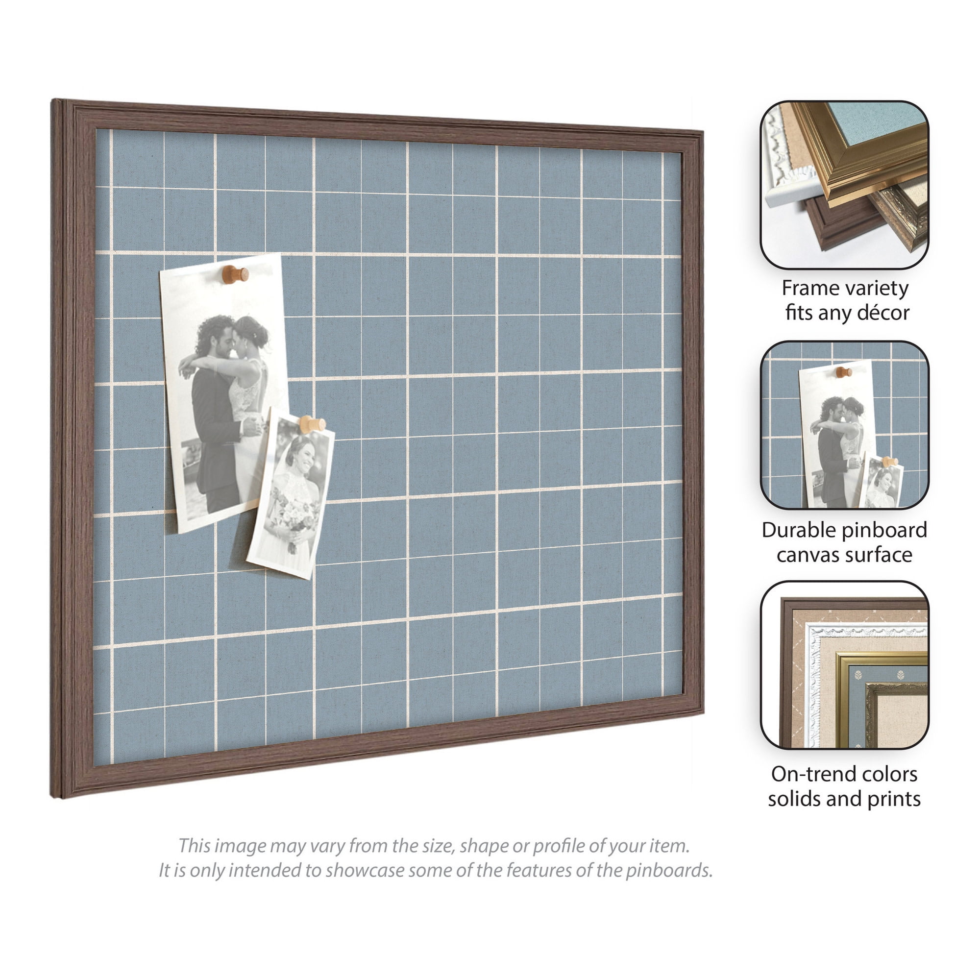 Kate and Laurel Framed Fabric Pinboard 18 x 42, Light Blue Plaid Printed Linen Classic Bulletin Board for Use as a Vision Board or Wall Organization, Florence Medium Brown Frame