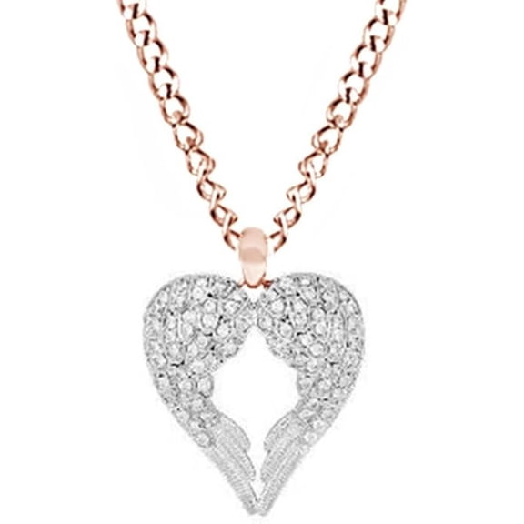 Real 925 Sterling Silver 14K Rose Gold Plated Round Cut White Diamond Open Heart Angel Wing Pendant Necklace For women