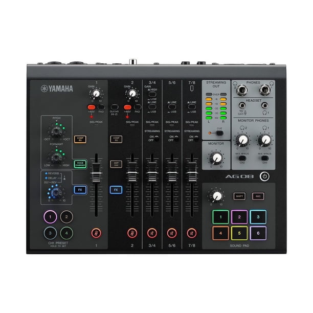Mezcladora AG08B Negro 8 Canales Android iOS +48V Yamaha 2 Entradas de Micrófonos/Línea, 2 Salidas de Auriculares que se pueden usar simultáneamente