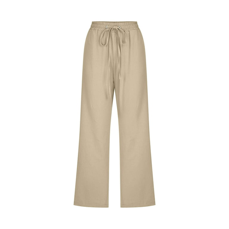 RYRJJ Women's Casual Pants Summer Wide Leg Capris Drawstring Elastic High  Waist Cotton Linen Cropped Trousers with Pockets(Beige,XXL)