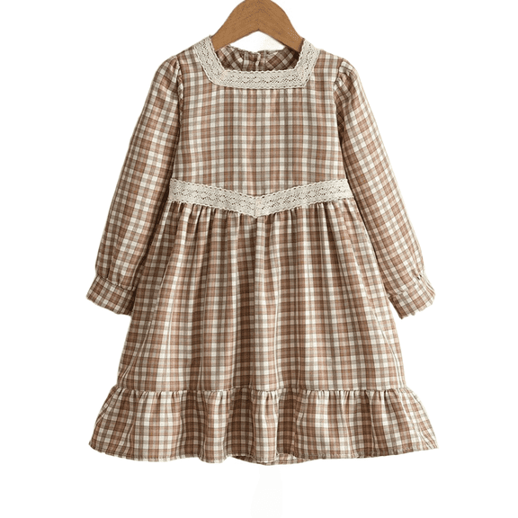 LYMAYTER Girls Plaid Long Sleeve Dress Toddler Square Collar Lace Trim Ruffle Hem Retro Casual Dress