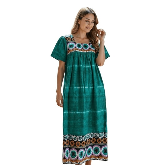 Loungees Multi-Color Border Print Muu Muu Lounge Dress with Square Neck Yoke​ | Loungees