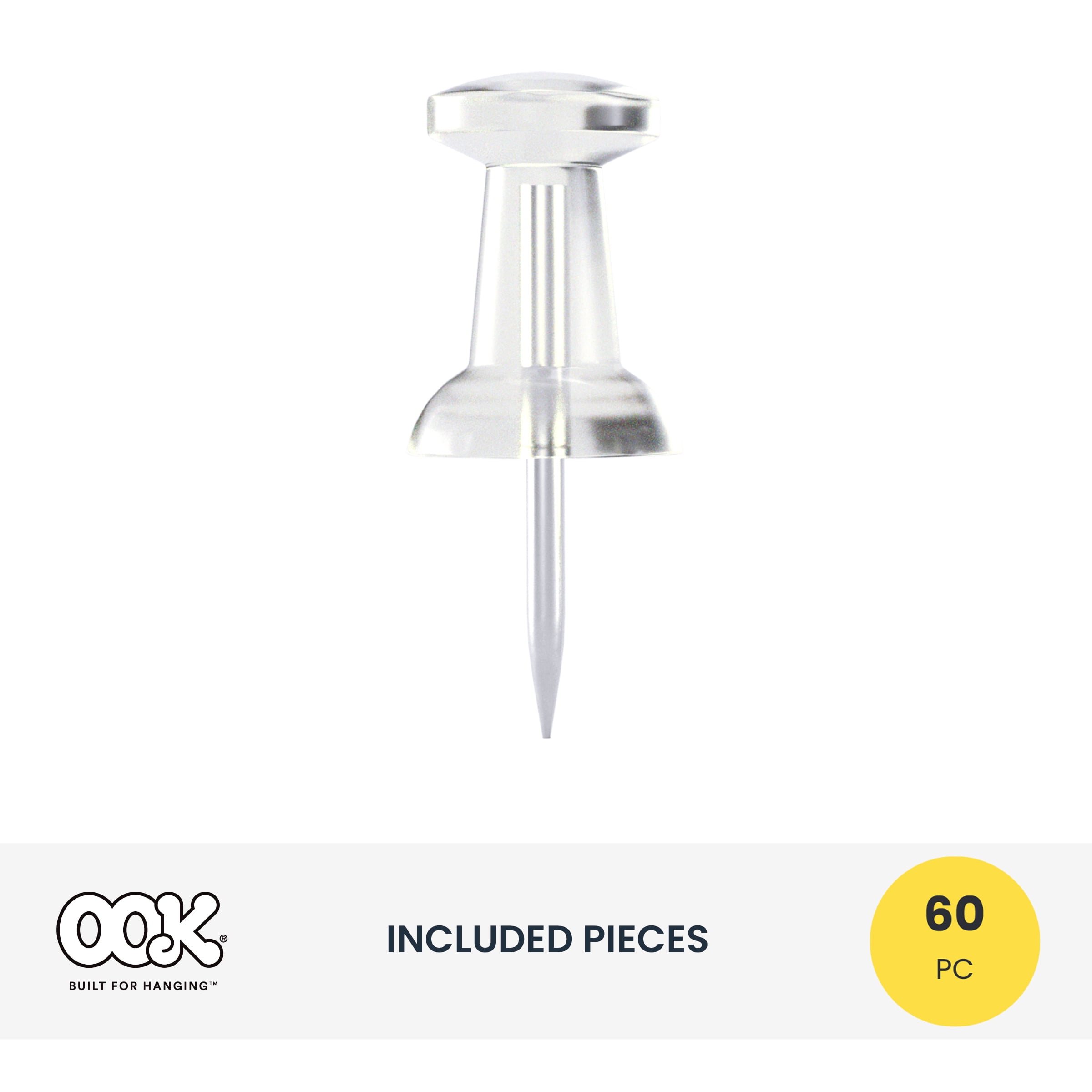 Ook Push Pins, Steel and Plastic, Clear, Interior Multi-Material, 60 pack
