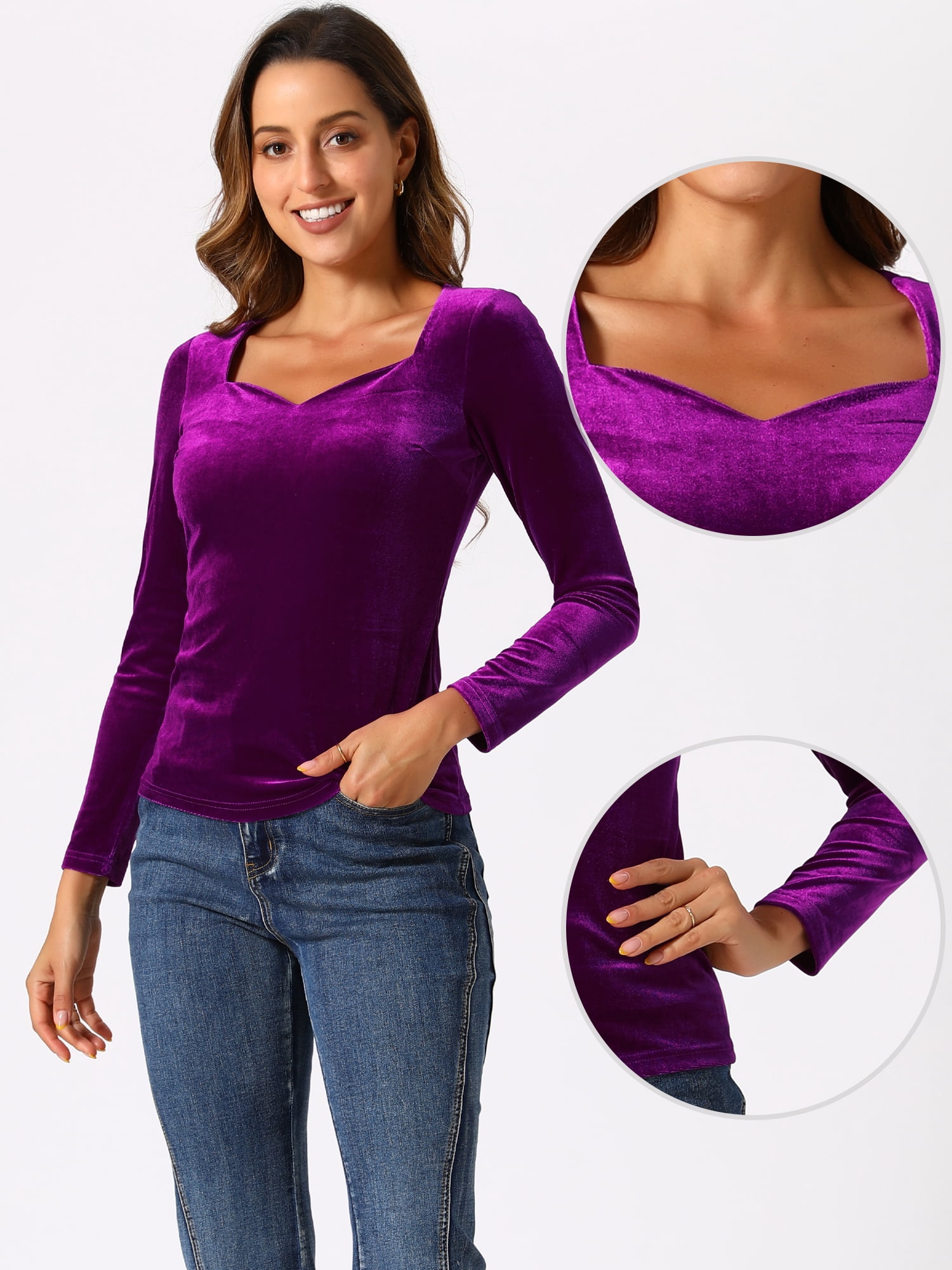 DARING DIVA Women's Velvet Sweetheart Neck Long Sleeves T-Shirt XS Purple Red