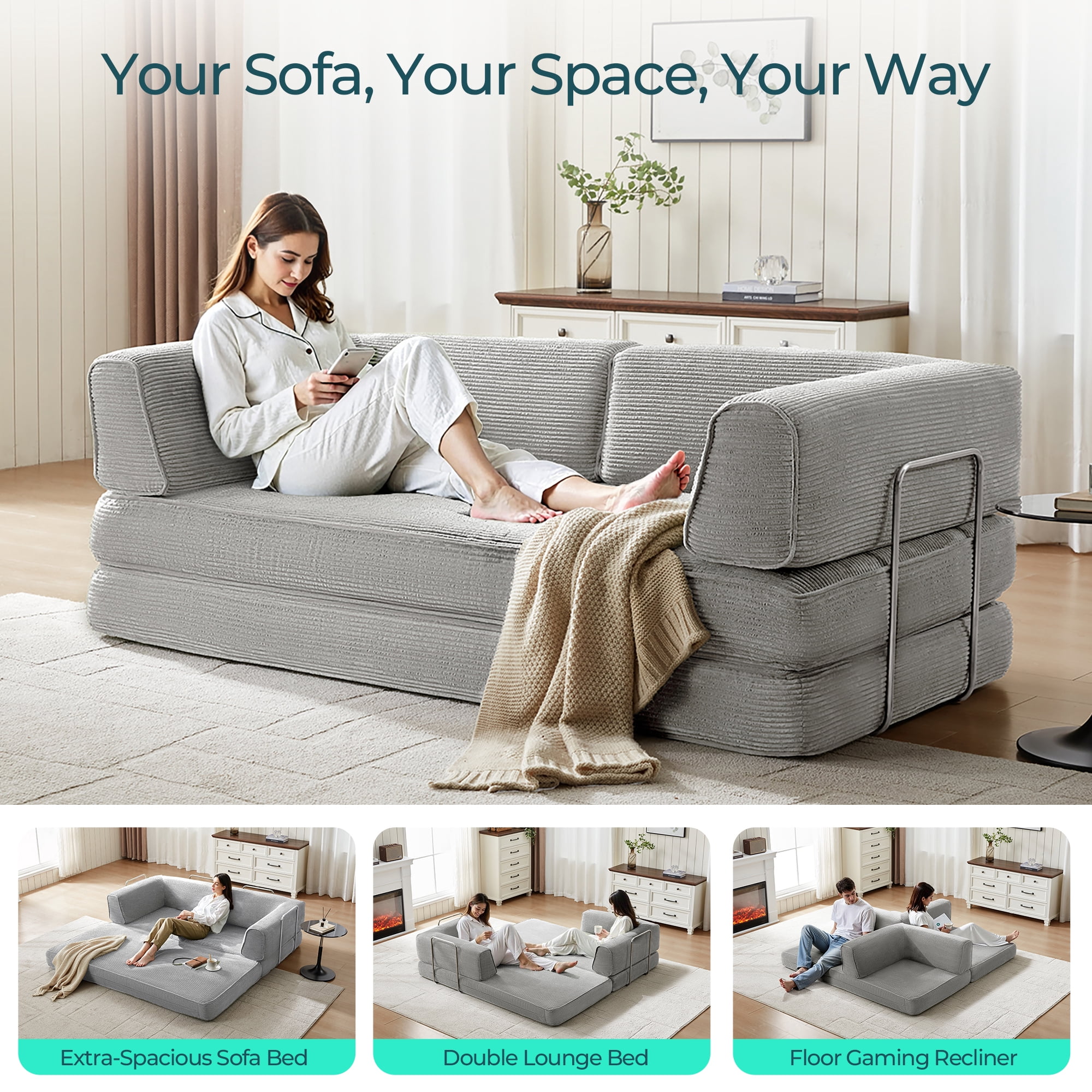 LINSY HOME Oversized Corduroy Futon Sofa Bed,  King Size Sleeper Sofa Bed for Living Room, Grey
