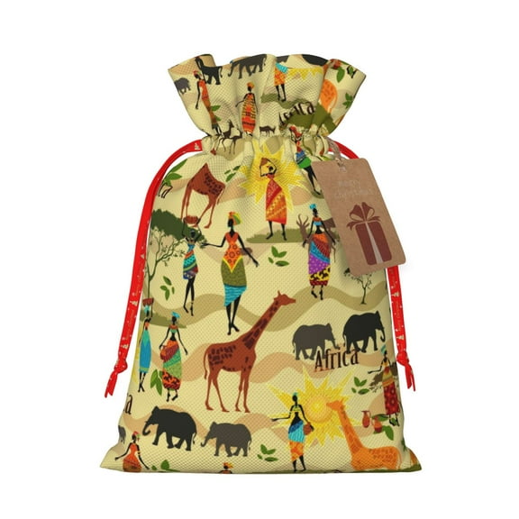 Naloa Ethnic African Drawstring Christmas Bags, 3D Xmas Gift Bags, Christmas Wrapping Bags, Xmas Goodie Bags, Treat Pouch Bags, Party Favor Bags-