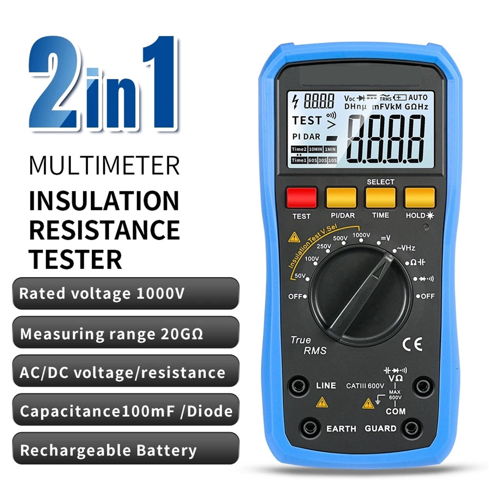 2-in-1 Digital Multimeter Insulation Resistance Tester 1000V Megohmmeter Voltmeter AC/DC Voltage Resistor Meter ,Battery Test