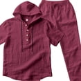 thumbnail image 5 of Sets for Men Clothing 2 Piece Solid Color Cotton-Linen Look Short Sleeve Hooded Shirt and Drawstring Waist Pocket Pants, Resort Style Outfit Wine XXL, 5 of 5