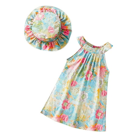 

EHQJNJ Baby Outfits Girls Cute Baby Girls Holiday Wind Beach Dress Flowers Full Print Sleeveless Round Neck Back Button Dress Sun Hat Sweet One Birthday Outfit Girl Strawberry