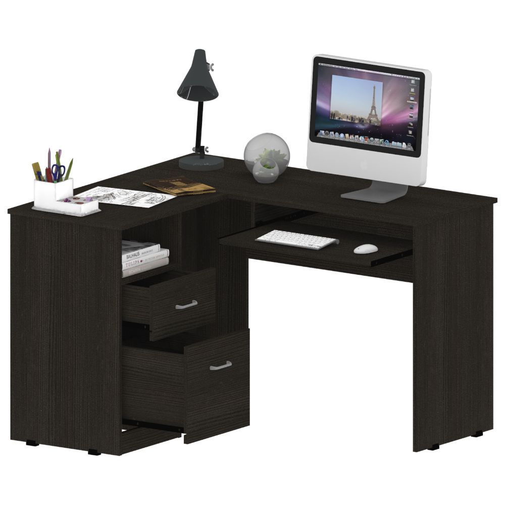 TUHOME L-Shaped Desk with Keyboard Tray, Two Drawers, Single Open Shelf in Black