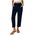 thumbnail image 3 of UVEASISHA Womens Linen Capri Pants Solid Color Elastic Waist Trousers Business Casual Work Pants Daily Lounge Pant with Pockets Navy XL, 3 of 9