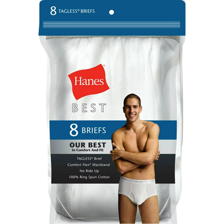 8 Pack Hanes Men's Best Tagless Briefs Size XL White Wicking Fabric