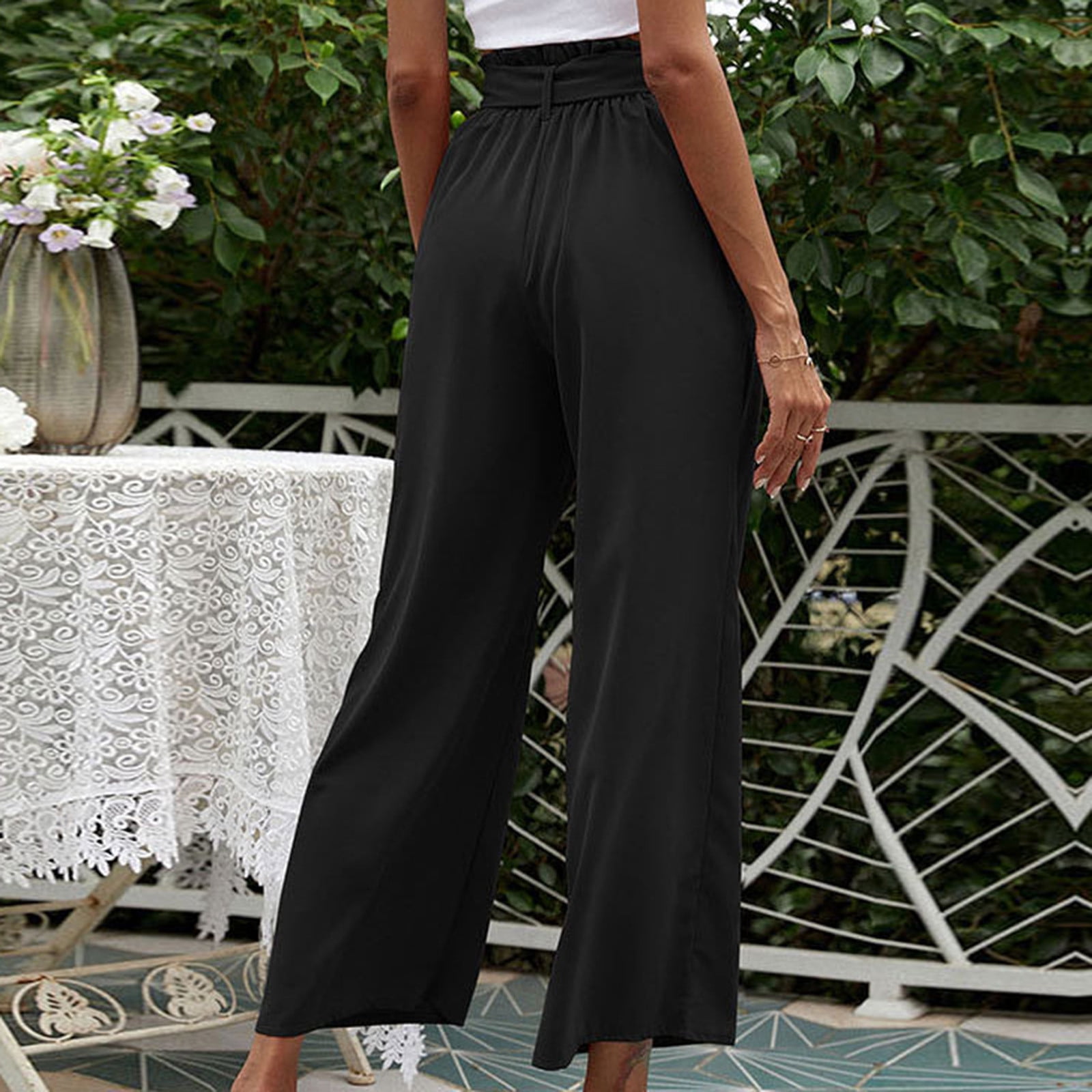 YWDJ Wide Leg Pants for Women Casual High Waist High Rise Wide Leg Trendy  Casual with Belted Long Pant Solid Color High-waist Loose Pants A Popular