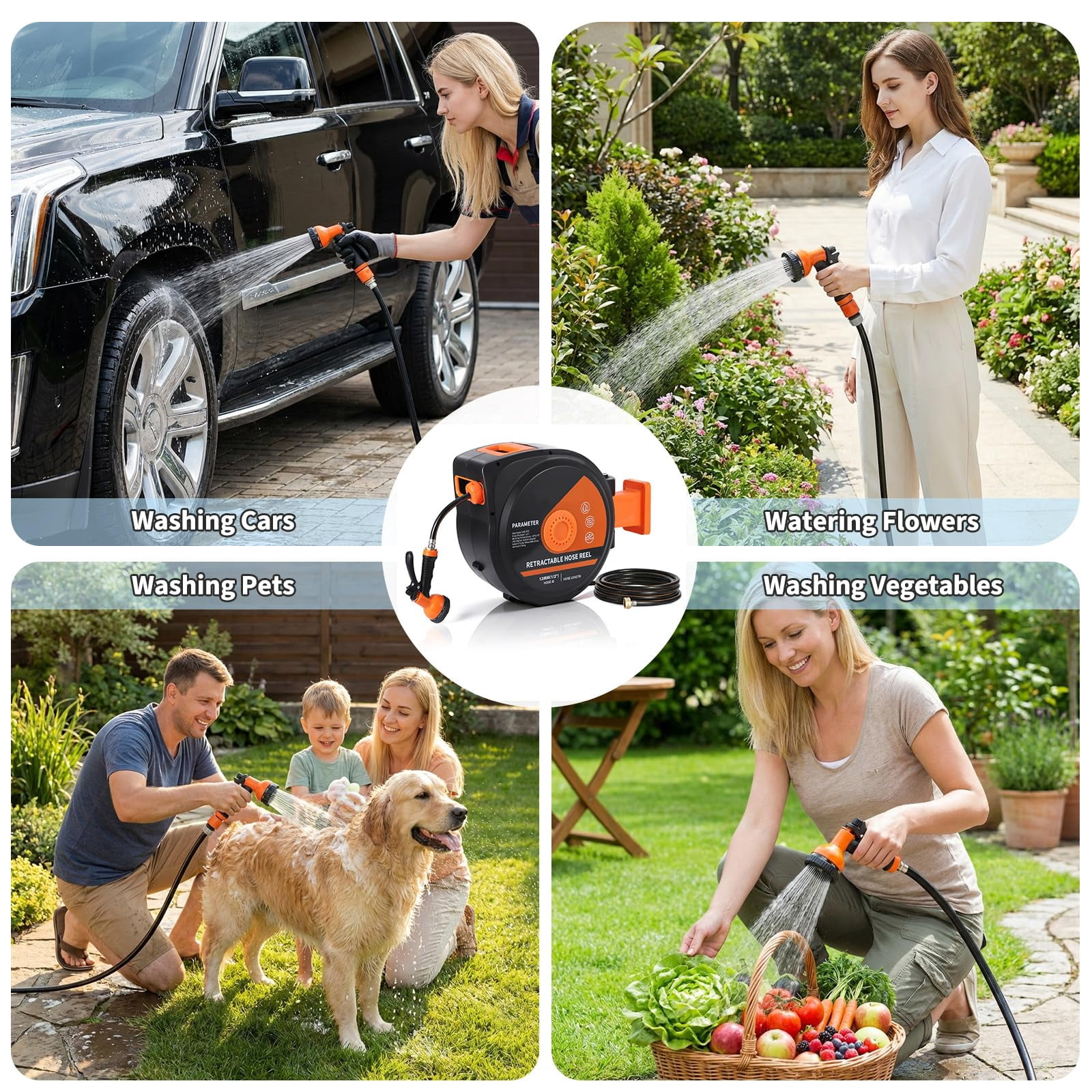 SOLLED Retractable Garden Hose Reel 130 ft 1/2 Inch Wall Mounted with 10-Function Nozzle Any Length Lock Automatic Rewind for Yard Lawn Patio Green