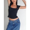thumbnail image 4 of Women Y2k Short Sleeve Crop Tops Square Neck Lace Trim Bow Front T-shirt Slim Fitted Shirts Tees Streetwear, 4 of 6