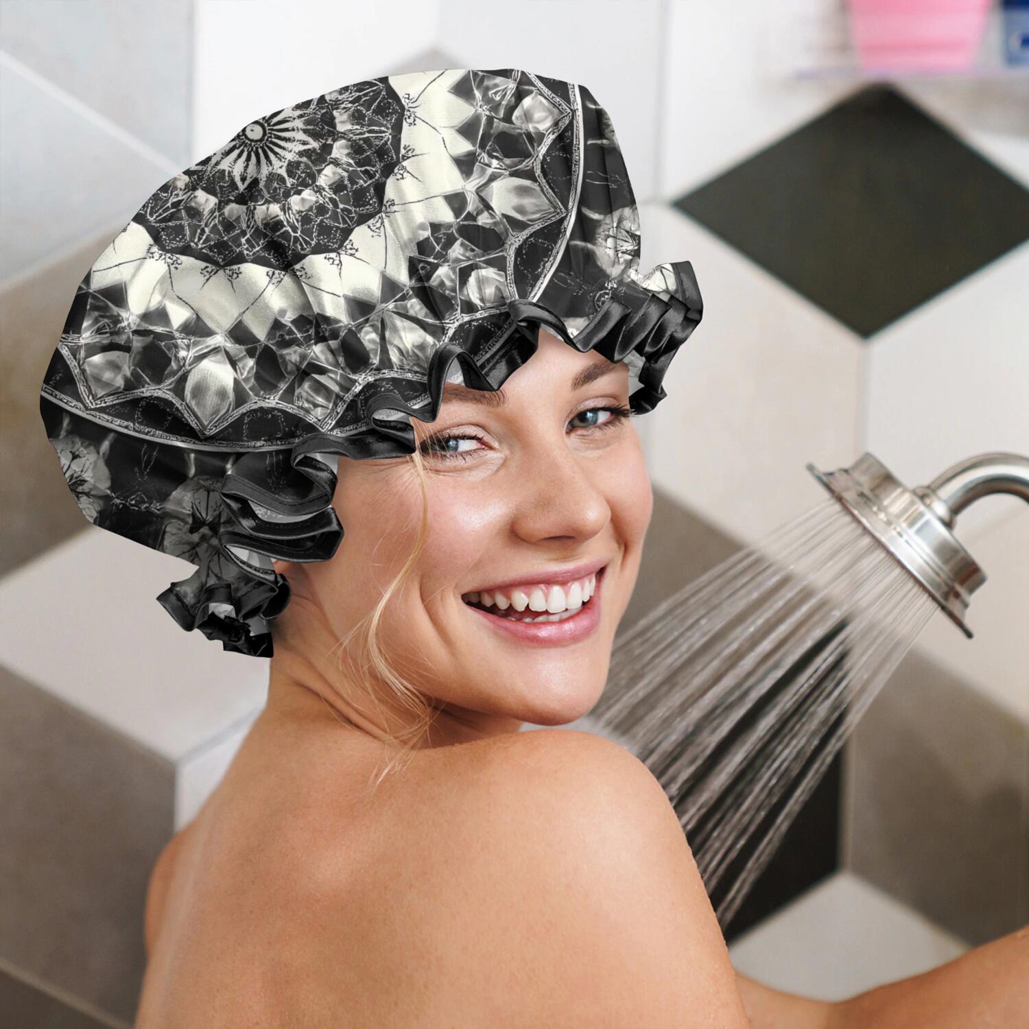 Shower Caps,Black White Tie Dye Mandala Pattern Waterproof Shower Cap for Women 4 Pieces,Double Reusable Hair Cover for Shower PEVA Elastic Stretch Hem