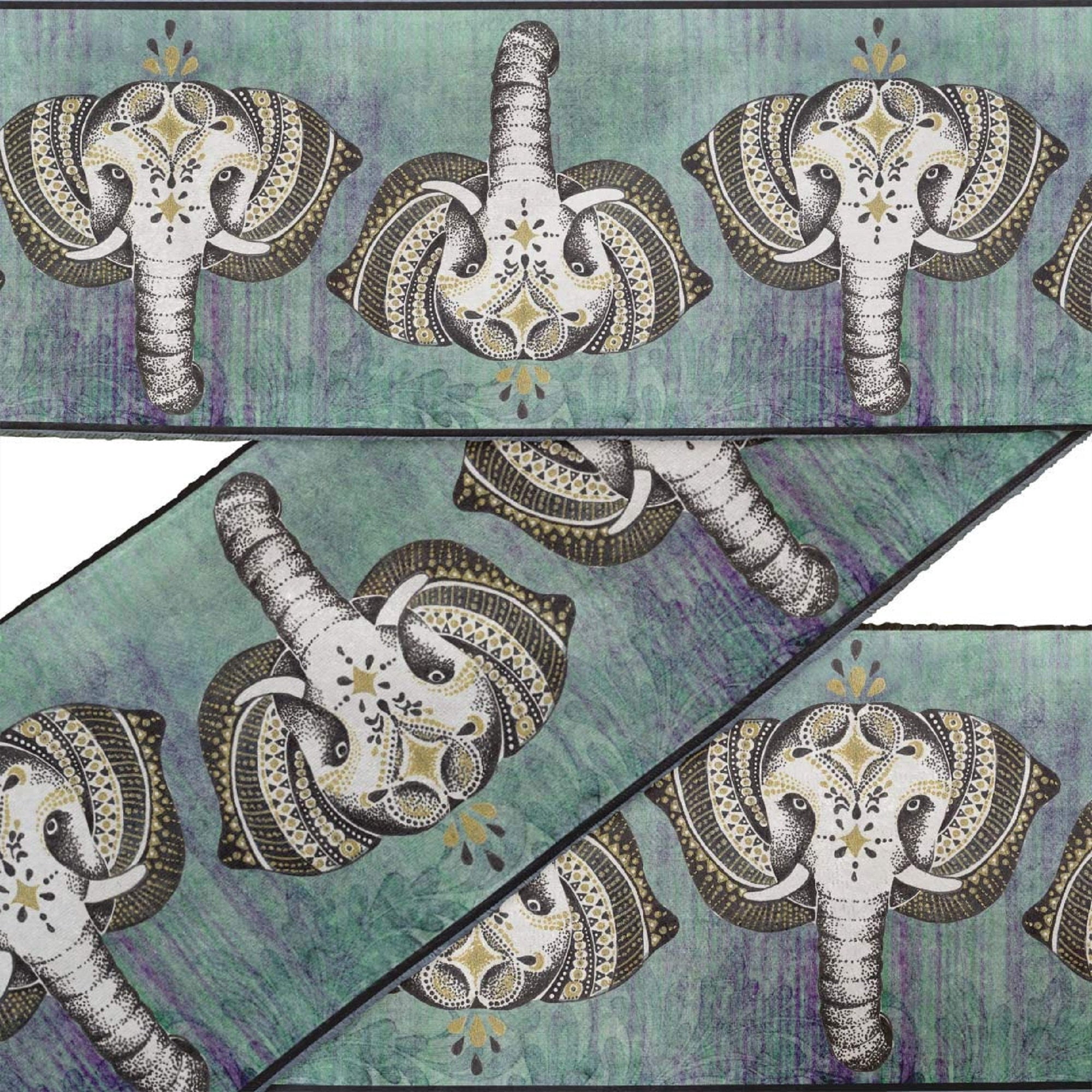 IBA Indianbeautifulart Green Tribal Elephant Face Animal Printed Ribbon&nbsp;Trim&nbsp;9 Yards Velvet Fabric Laces For Crafts Sewing Accessories 4 Inches