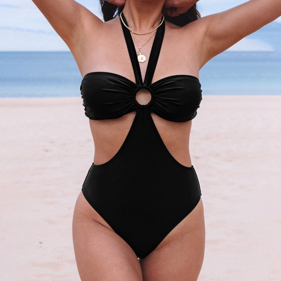 Jacenvly 2024 Plus Size Bikini Swimsuits for Women Clearance Quick Drying Women's Fashionable Comfortable Solid Color Camisole Swimsuit Multicolor Trendy Summer Beach Dresses Black