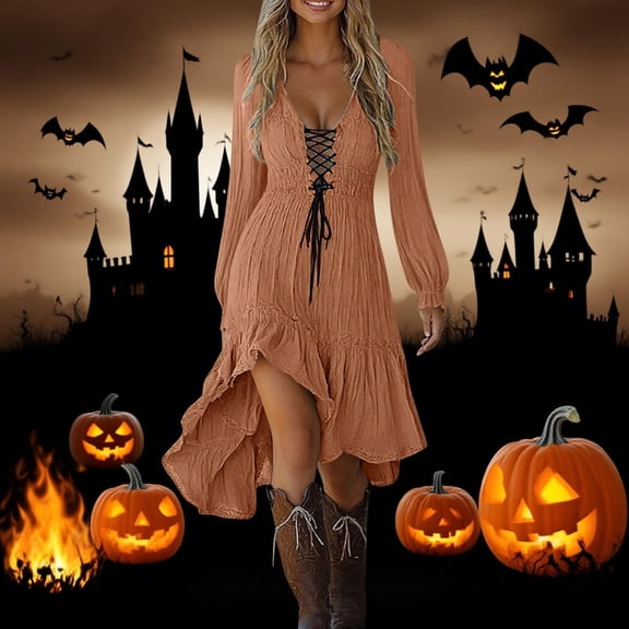 Miqool Dresses for Women Vintage Cowgirls Lace Up Midi Dress Casual Fall Long Sleeve Ruffled Sundresses Fashion Outfit