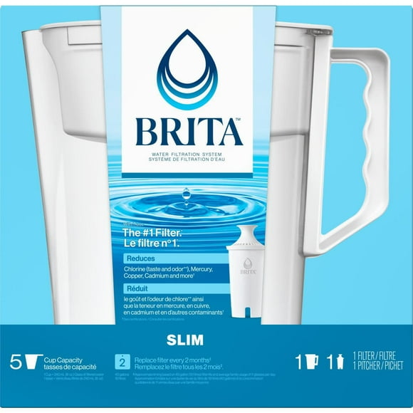 Brita 5 Cup Filter Pitcher, Reduces Chlorine taste and odour from Tap Water, Filters 151 Litres, Slim,, White
