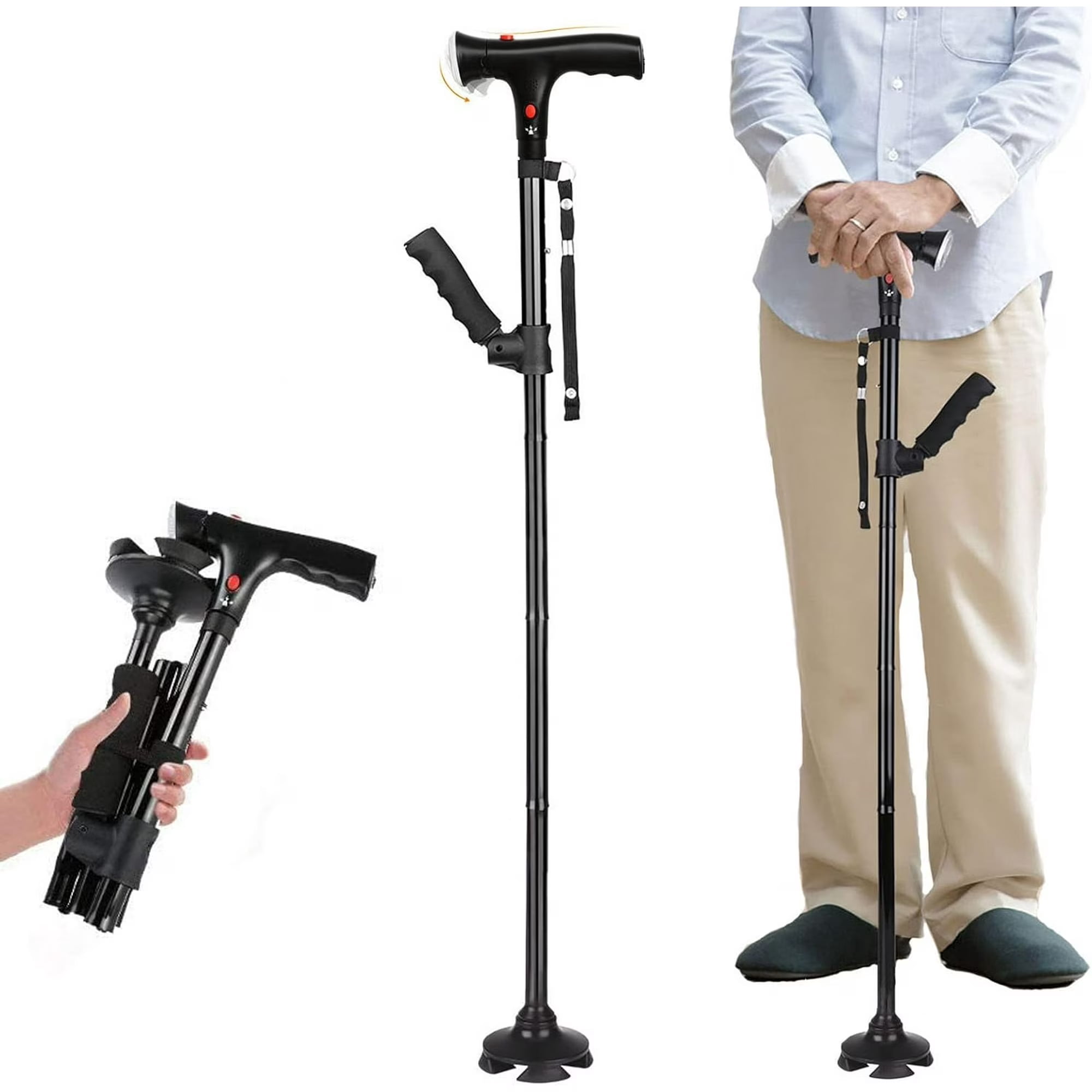 Twin Grip Folding Walking Cane with LED Lights and SOS Alarm for Men and Women, Black