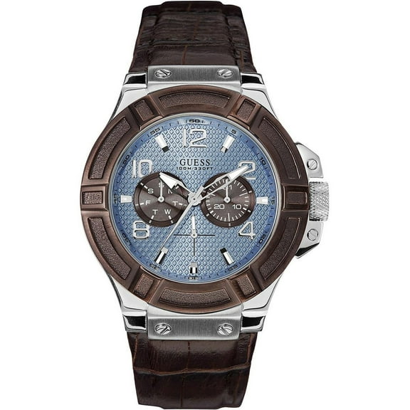 Guess Men's W0040G10, Rigor Multi-Function Dress Sport,Leather Strap,Stainless Steel Case,Screw Crown,100m WR