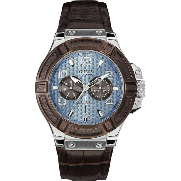 Guess Men's W0040G10, Rigor Multi Function Dress Sport,Leather Strap,Stainless Steel Case,Screw Crown,100m WR