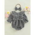 thumbnail image 5 of Musuos 2Pcs Baby Girl Fall Outfit, 3M 6M 12M 18M Plaid Doll Collar Long Sleeve Ruffle Romper + Hairband Set for Infants, 5 of 10