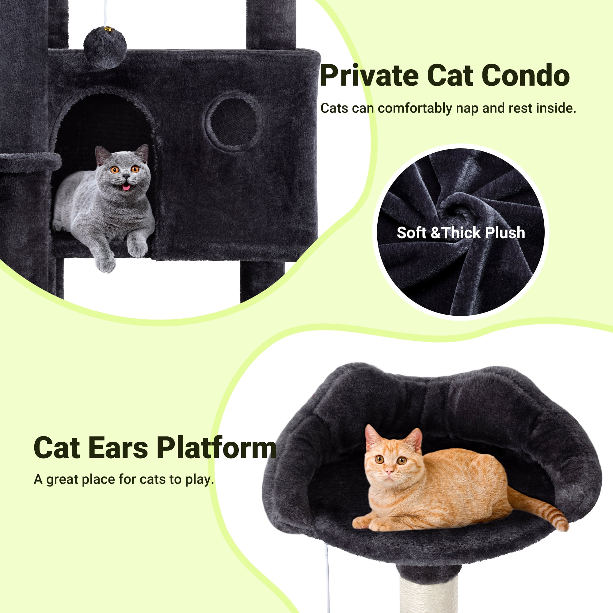 Allewie 64 Inches Cat Tree Tower, Multi-Level Activity Center for Indoor Big Felines, 2 Plush Condos, 2 Perchs, Basket, House, Sisal Scratching Posts, Hanging Cat Toys, Dark Grey