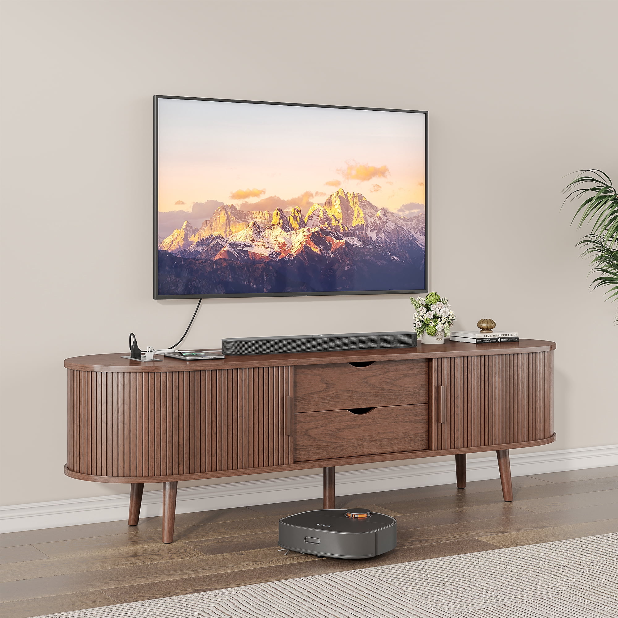 59" TV Stand with Charging Station and Drawers fit 40"- 65" TVs. Mid century Modern TV Stand, Wood Entertainment Center for Living Room and Bedroom, Media Console and Modern TV Console Table ,Walnut