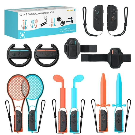 Sports Accessories 12 in 1 Bundle for Switch 2 2025, Compatible with Switch 2 2025 JoyCon, Family Game Kit, Ideal Gift with Wrist Straps, Steering Wheels, Leg Straps, Tennis&Golf&Sword Grip