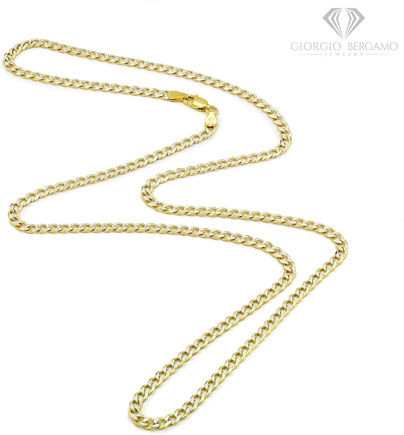 925 Italian Sterling Silver 3.5mm Solid Cuban Diamond Cut Chain, FREE Microfiber Cloth, ITProLux Yellow Gold Plated Pave Curb Link Mens Womens Necklace, Giorgio Bergamo