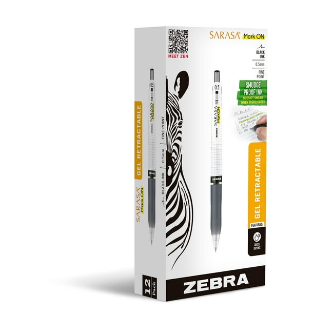 Bolígrafo de gel Zebra Sarasa Mark ON, tinta negra fina de 0,5 mm, paquete de 12