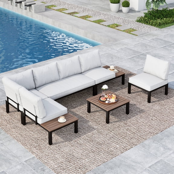 SUMMIT LIVING 6-Piece Outdoor Patio Furniture Set, 6-Seat Metal Outdoor Patio Sectional Sofa Set with Acacia Wood Side Table & Square Coffee Table, Light Gray