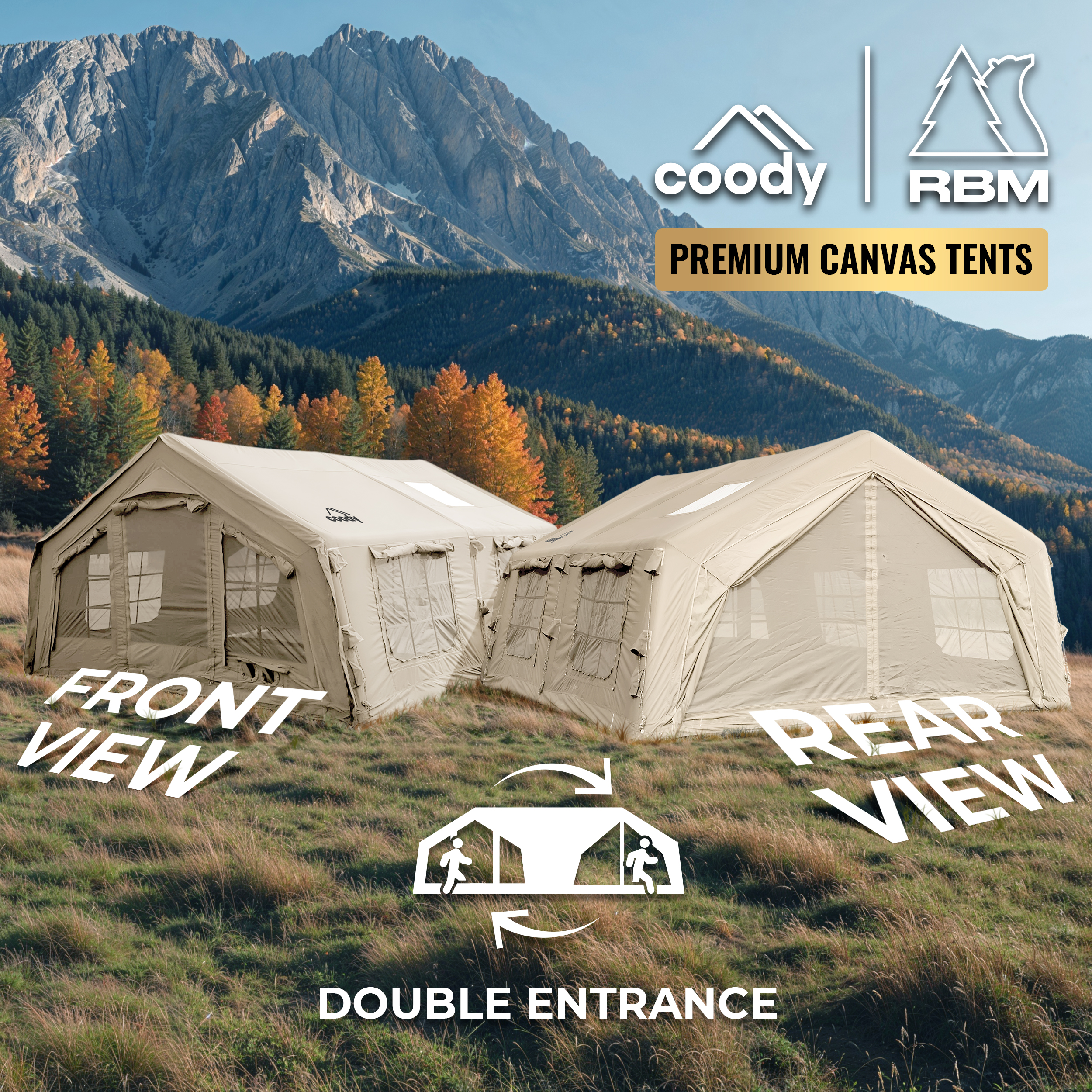 Coody 17.2 (Begie, Large) Inflatable Tents for Camping with Stove Jack, 2-10 Person Luxury Canvas Blow Up Tent, 2 Room, Easy Setup Large Inflatable House with Pump