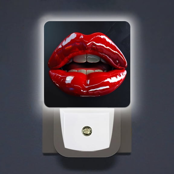 LED Night Lights Lamp with Dusk to Dawn Sensor, Glossy Red Lipped With White Teeth Night Light Plug Into Wall for Kids Room, Bedroom, Bathroom, Kitchen, Hallway