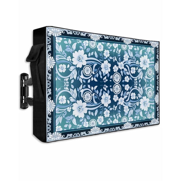 Outdoor TV Cover 30 to 32 Inch Weatherproof, Retro Boho Waterproof TV Screen Protector for Outside Decor with Zipper and Pocket 30"L x 19"H  , Floral Pattern Aqua Blue White