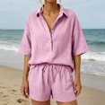 thumbnail image 3 of Pounoo Women's Two Piece Set Henley Neck Short Sleeve Shirt and Drawstring Shorts Casual Loose Fit Outfit for Summer and Daily Wear Gift, 3 of 9