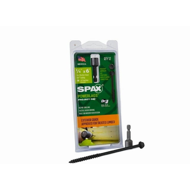 Tornillos estructurales SPAX PowerLags de 6 pulgadas, paquete de 12 arandelas hexagonales negras