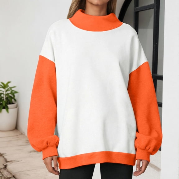 HAYIMI Women Mock Neck Patchwork Sweatshirt Casual For Fall Winter Relaxed Fit Long Sleeve Tops Soft Pullover