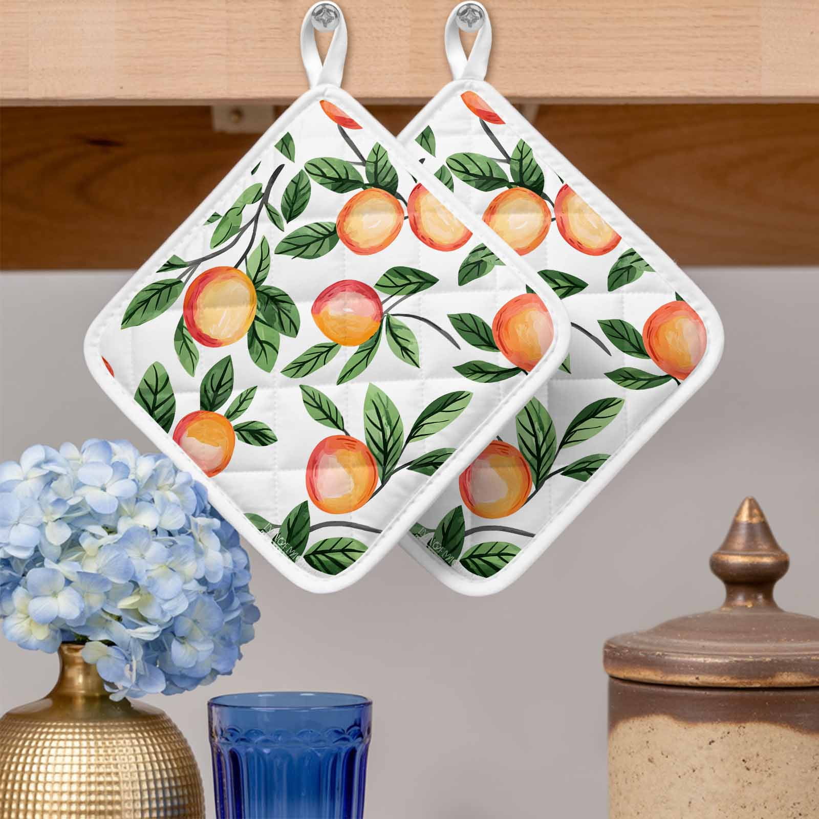 Summer Fruits Pot Holders for Kitchen Heatproof Potholder, 5 Pack Spring Orange Peach Green Botanical Hot Pads Multipurpose Oven Pads Cloth Potholders Trivet for Cooking Baking