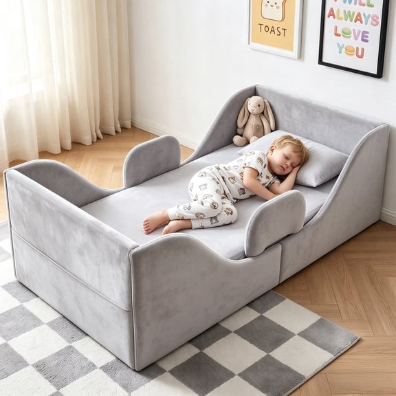 Toddler Bed, Toddler Floor Bed – Low-to-Ground Design with Detachable Guard Rails, Soft Upholstered Transition Bed, Standard Crib Size for kids Ages 1–6, Gray