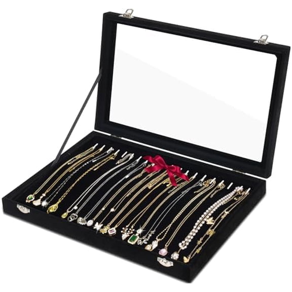 Necklace Organizer Box, Tray with Clear Lid, Velvet Dustproof Necklaces Holder Storage Display Case, 20 Hooks Glass Top Jewelry Tray Drawer Insert for Pendant Bracelet