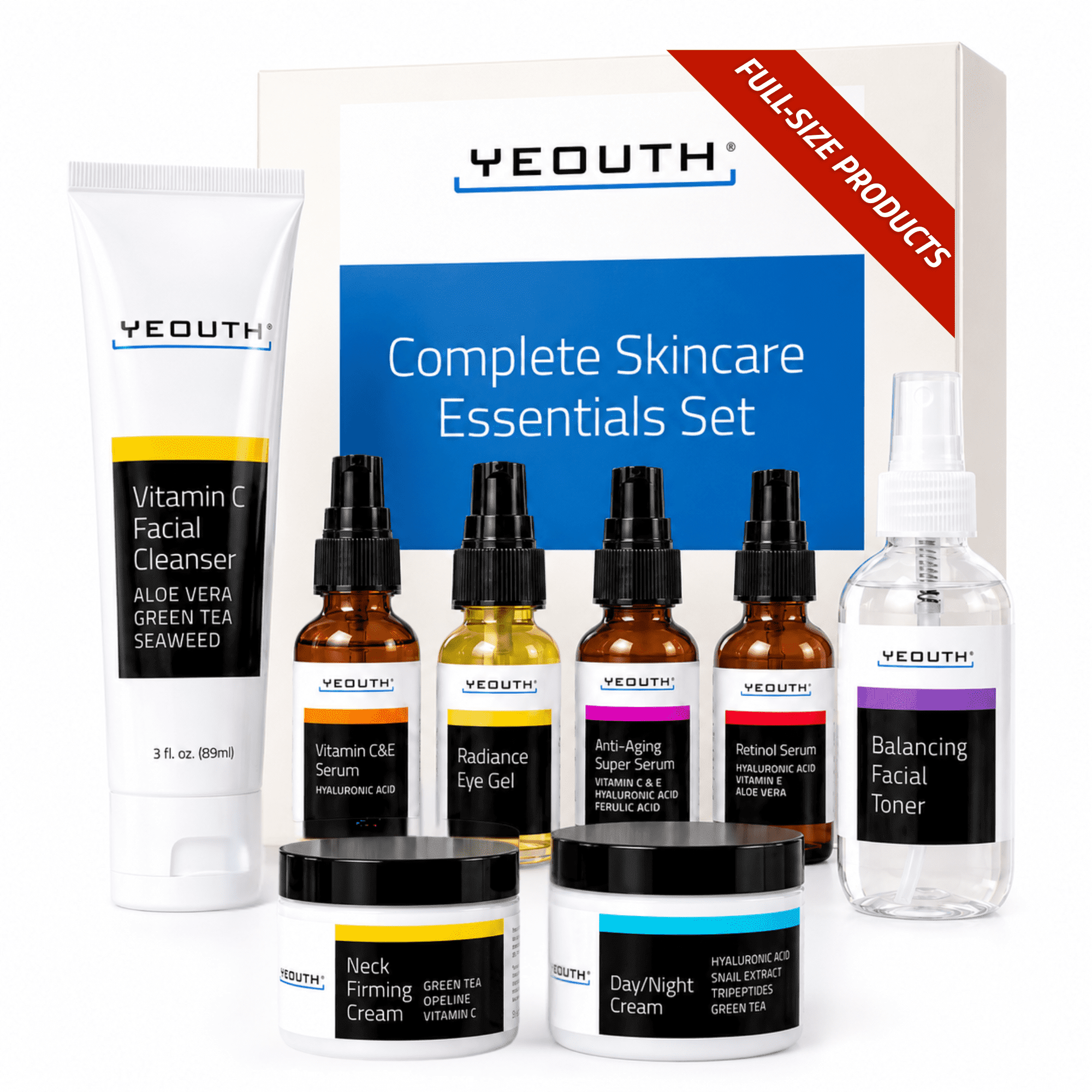 YEOUTH 8-Piece Skin Care Set: Retinol Serum, Hyaluronic Acid, Vitamin C, Anti-Aging Face Serum, Cleanser, Toner