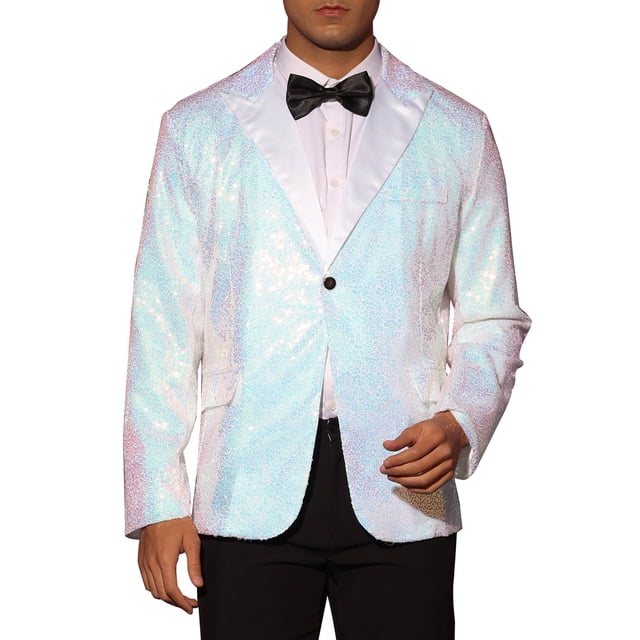 Blazer de lentejuelas INSPIRE CHIC para hombres, con solapa de pico, color bloque, brillante y deportivo, talla XL, blanco