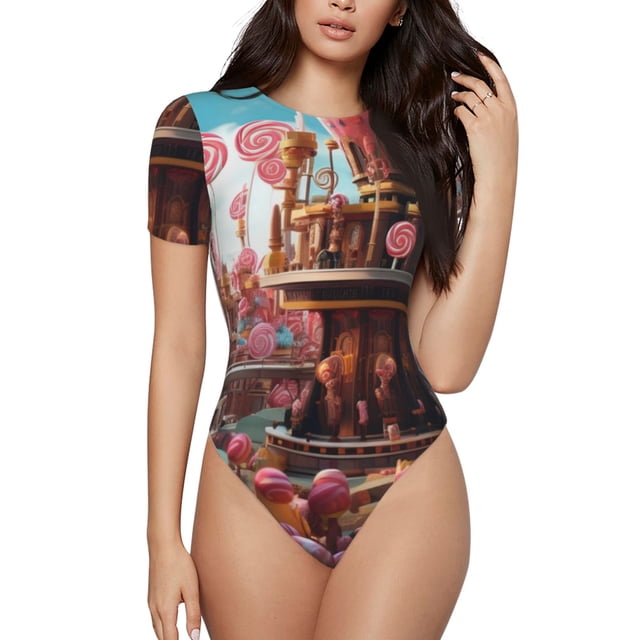Fotbe fairy-tale-world-with-delicious-candy Body de Mujer con Cuello Redondo y Mangas Cortas, Sin Mangas Ajustado, Suave, Cómodo y Básico-X-Large