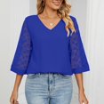 thumbnail image 3 of Birdeem Womens V- Neck Solid Color Three Quarter Sleeve Lace Flare Sleeve Panel Short Sleeve Tops, 3 of 11